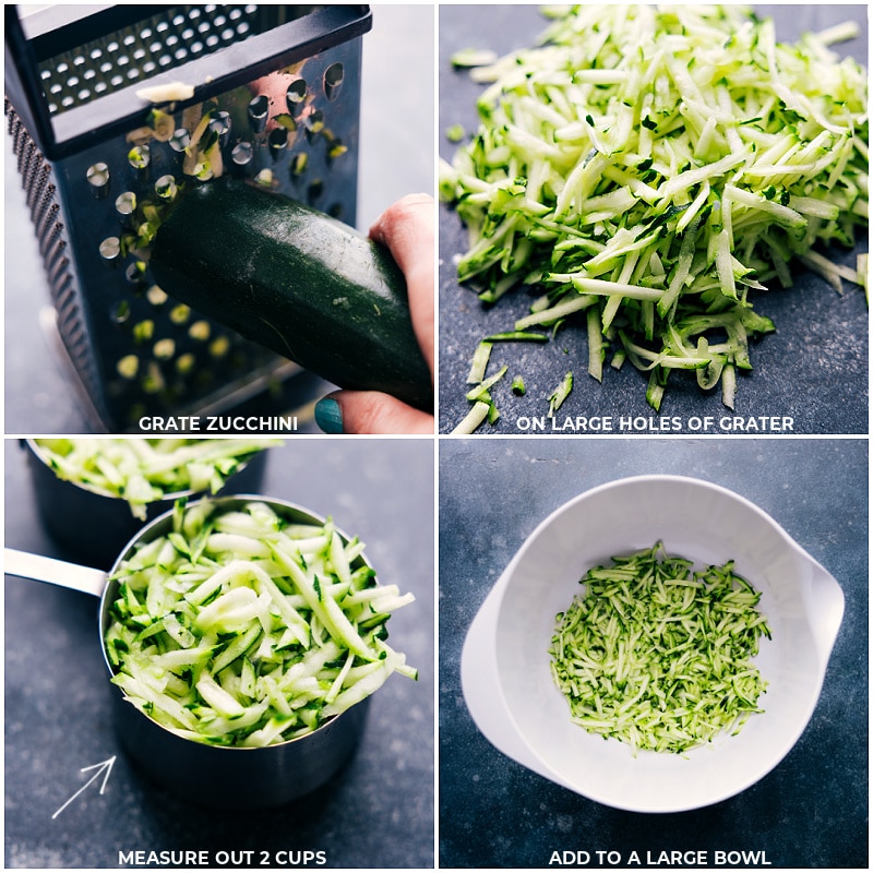 Process shots: Grate zucchini on large holes of a grater; measure out 2 cups and add to a large bowl.