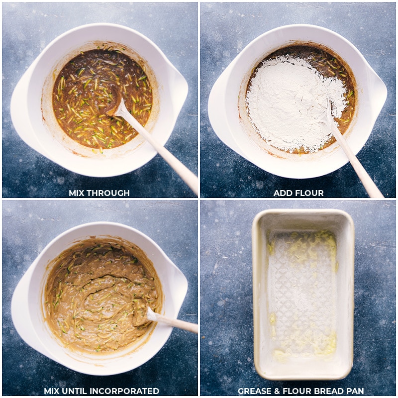 Process shots: Mix the batter well; add flour and mix briefly; grease and flour a loaf pan.