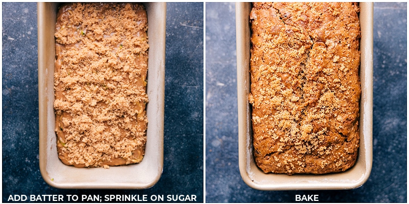 Images of the batter placed in a bread pan with a sprinkle of sugar and the finished bread after baking