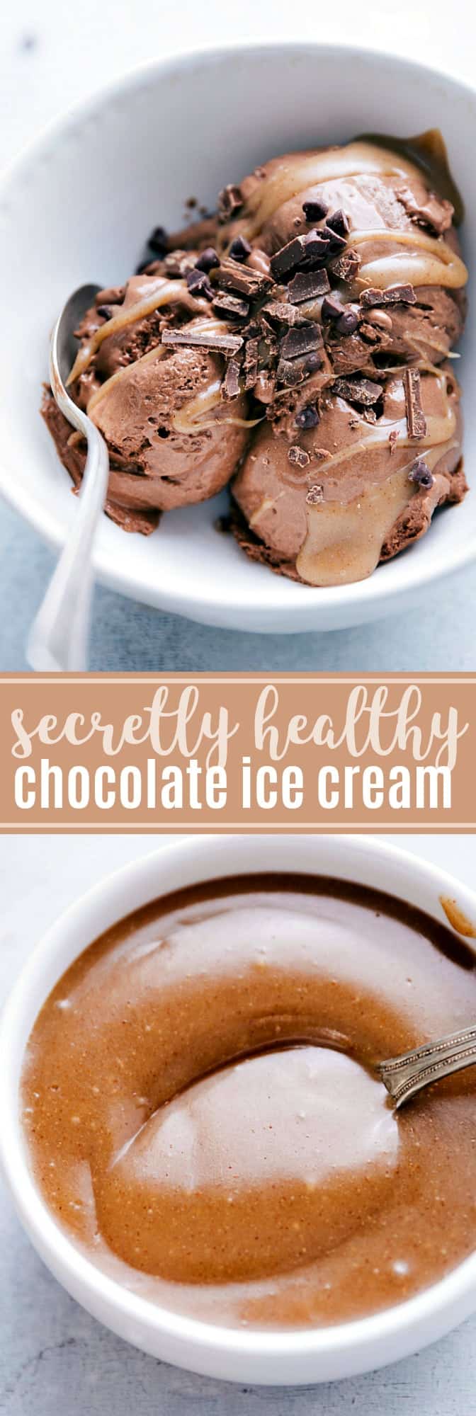 Delicious chocolate ice cream made with better-for-you ingredients, packed with protein, and drizzled in a delicious caramel sauce. via chelseasmessyapron.com #healthy #chocolate #ice #cream #dessert #easy #quick #caramel #sauce #secret #ingredients #protein #health #kidfriendly
