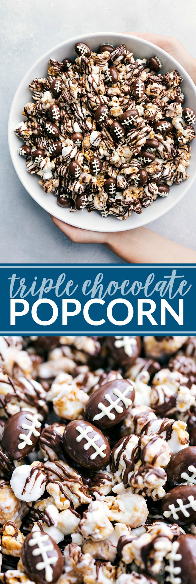 The ultimate BEST EVER triple chocolate popcorn with optional chocolate covered almond footballs! This recipe is from a famous Cleveland bakery and everyone always BEGS for thie recipe! Video tutorial and step by step directions! via chelseasmessyapron.com #dessert #triple #chocolate #popcorn #easy #quick #treat #football #tailgaiting #party #potluck #kidfriendly #chocolate #dark #white #milk #sugar