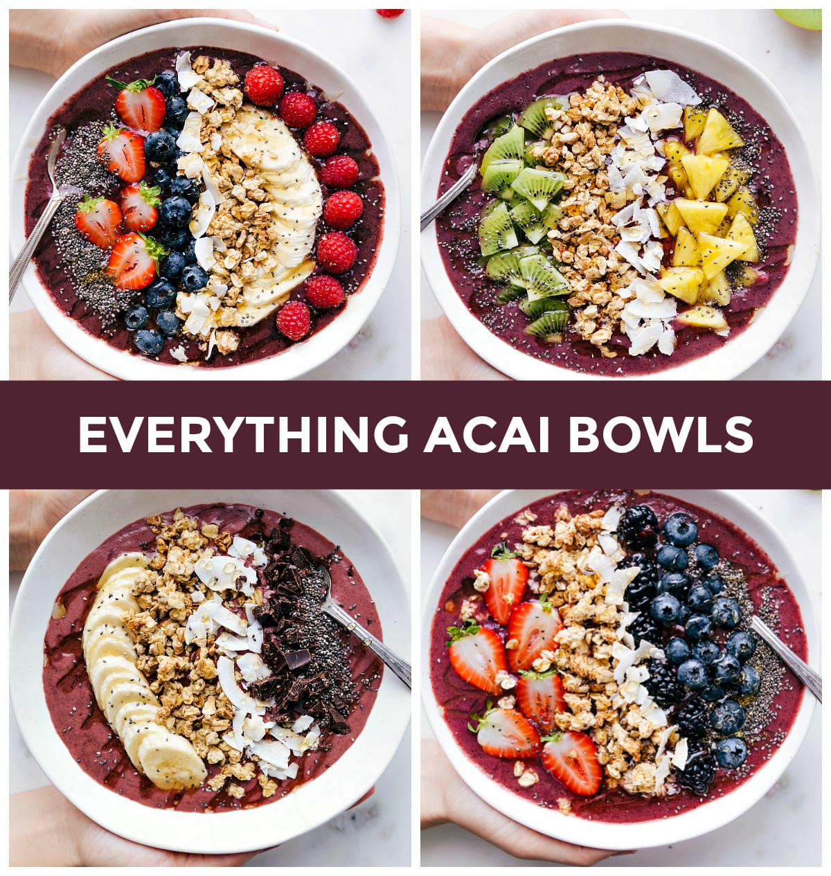 All four different options of smoothie bowls prepped out.