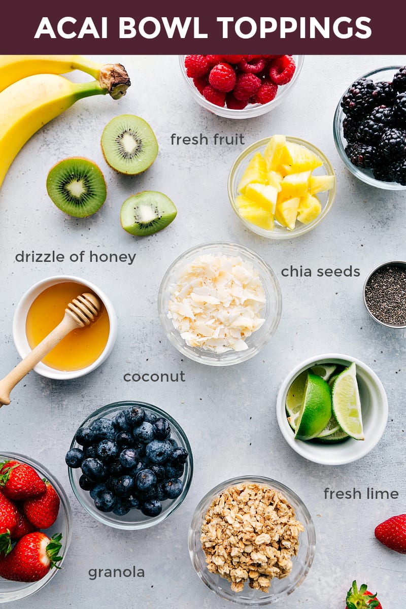 Overhead photo of all the various topping ideas for acai bowls