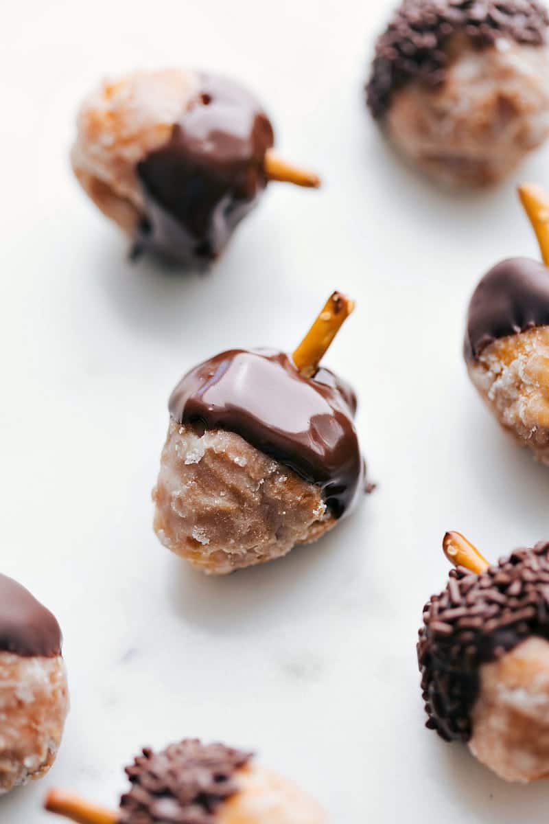 Up-close image of Acorn Donut Holes, ready to be eaten.