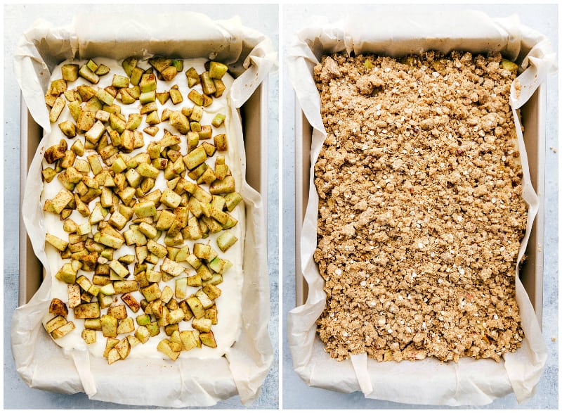 A layered dessert with the apple layer on the cheesecake, all topped with a crumbly streusel, ready for baking.