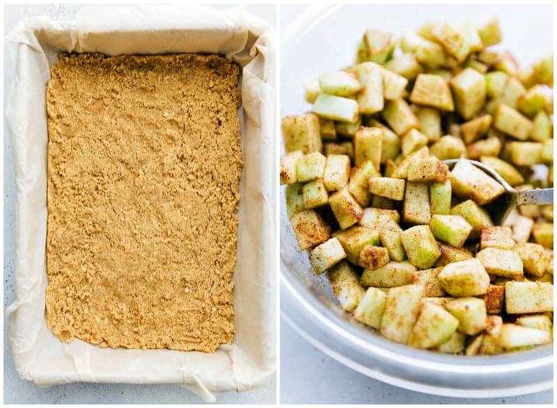 A graham cracker crust and a bowl of chopped, seasoned apples.