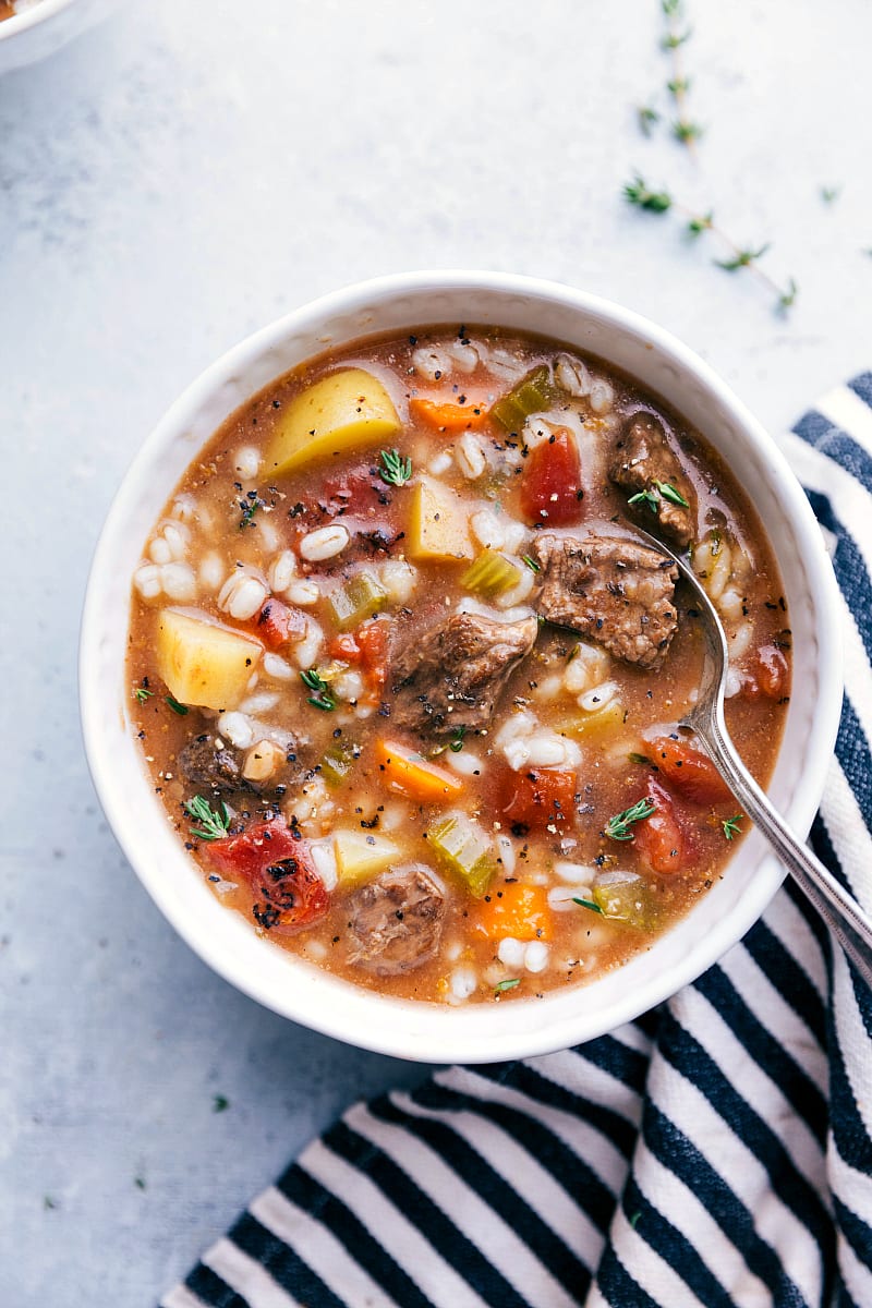 Overhead image of Beef and Barley Soup.