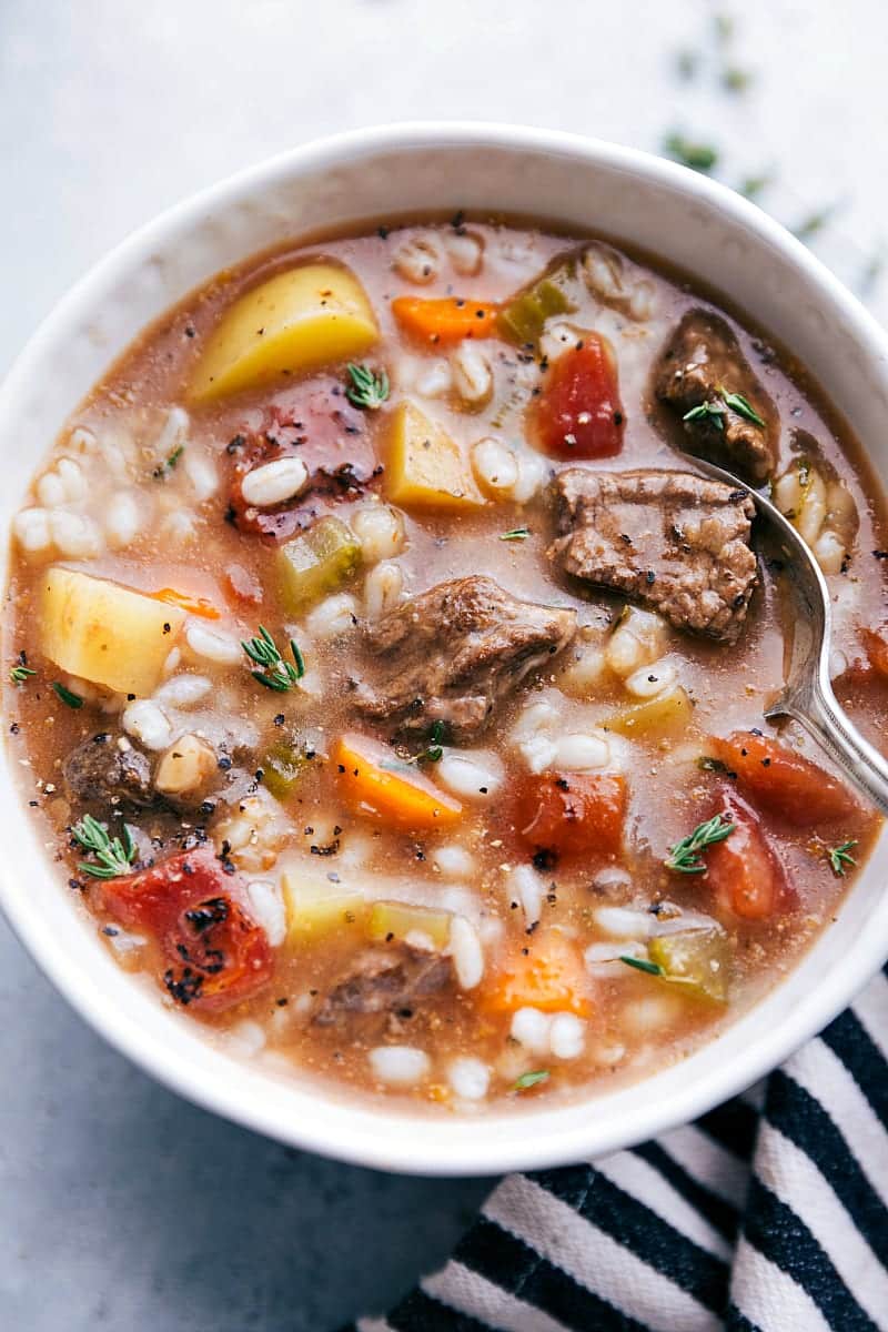 Overhead image of the delicious Beef and Barley Soup recipe made in the slow cooker.
