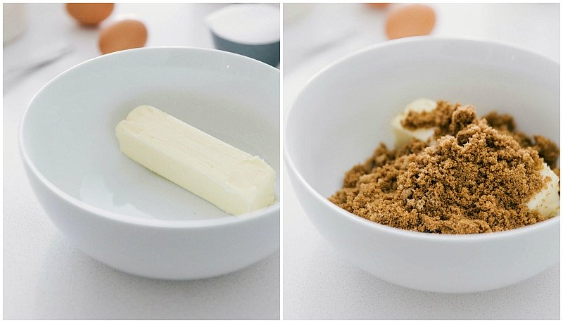 Process shot of making oatmeal cookies showing the butter being added with brown and white sugar