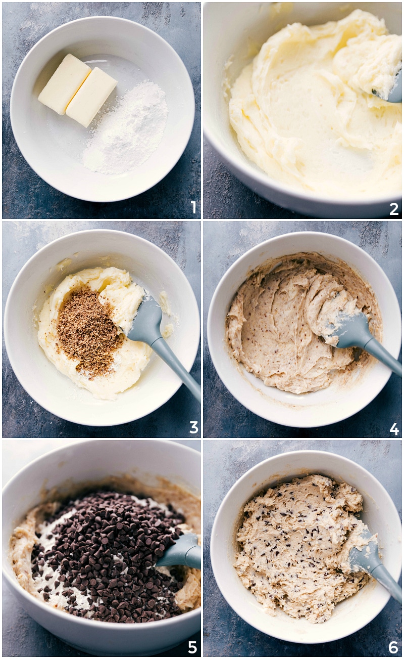 How To Make Chocolate Chip Snowball Cookies The butter and sugar being creamed together, then the ground pecans added in and it all mixed together for these chocolate chip snowball cookies.