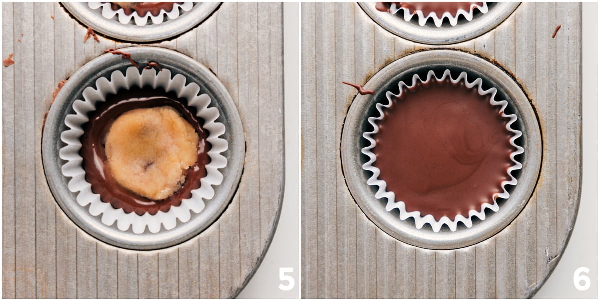 These best ever Cookie Dough Cups are made by loading edible cookie dough in a miniature muffin tin and covering it with melted chocolate -- it ends up kind of like a Reese's® Peanut Butter Cup but with cookie dough instead of PB! Recipe via chelseasmessyapron #dessert #best #quick #easy #simple #chocolate #snack #favorite #cookie #dough #cookiedough #cups