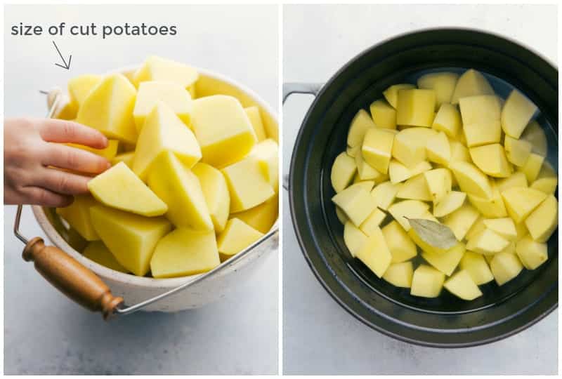 Potatoes cut and placed in water to boil.