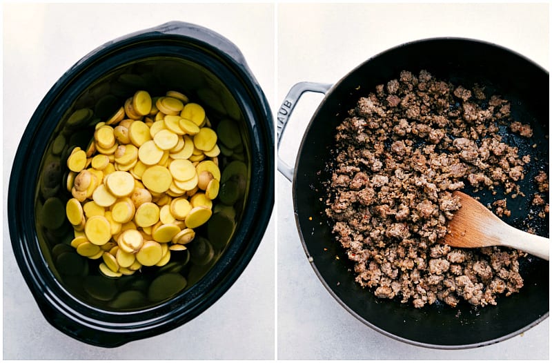 Process photos of the potatoes going in the slow cooker and the meat being cooked in a skillet.