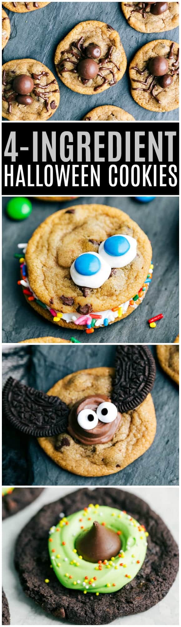 FOUR Halloween Cookies with only FOUR ingredients each!! Spider, monster, bat, and witch hat cookies are the perfect easy (and great last minute) Halloween treat via chelseasmessyapron.com #halloween #treat #cookie #cookies #bat #witch #hat #spider #monster #easy #kidfriendly #cute