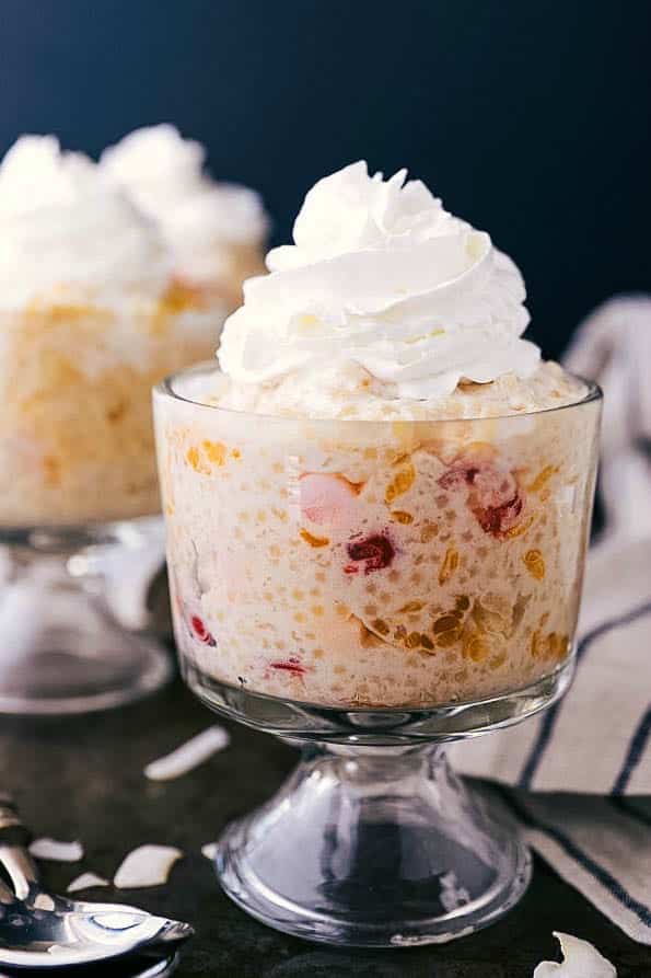 Frog Eye Salad is a retro side or dessert “salad” with canned fruits, acini de pepe pasta, and whipped topping--and a silly name! Frog Eye Salad