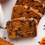Moist and flavorful healthy pumpkin bread slices, packed with nutritious ingredients and fall spices.