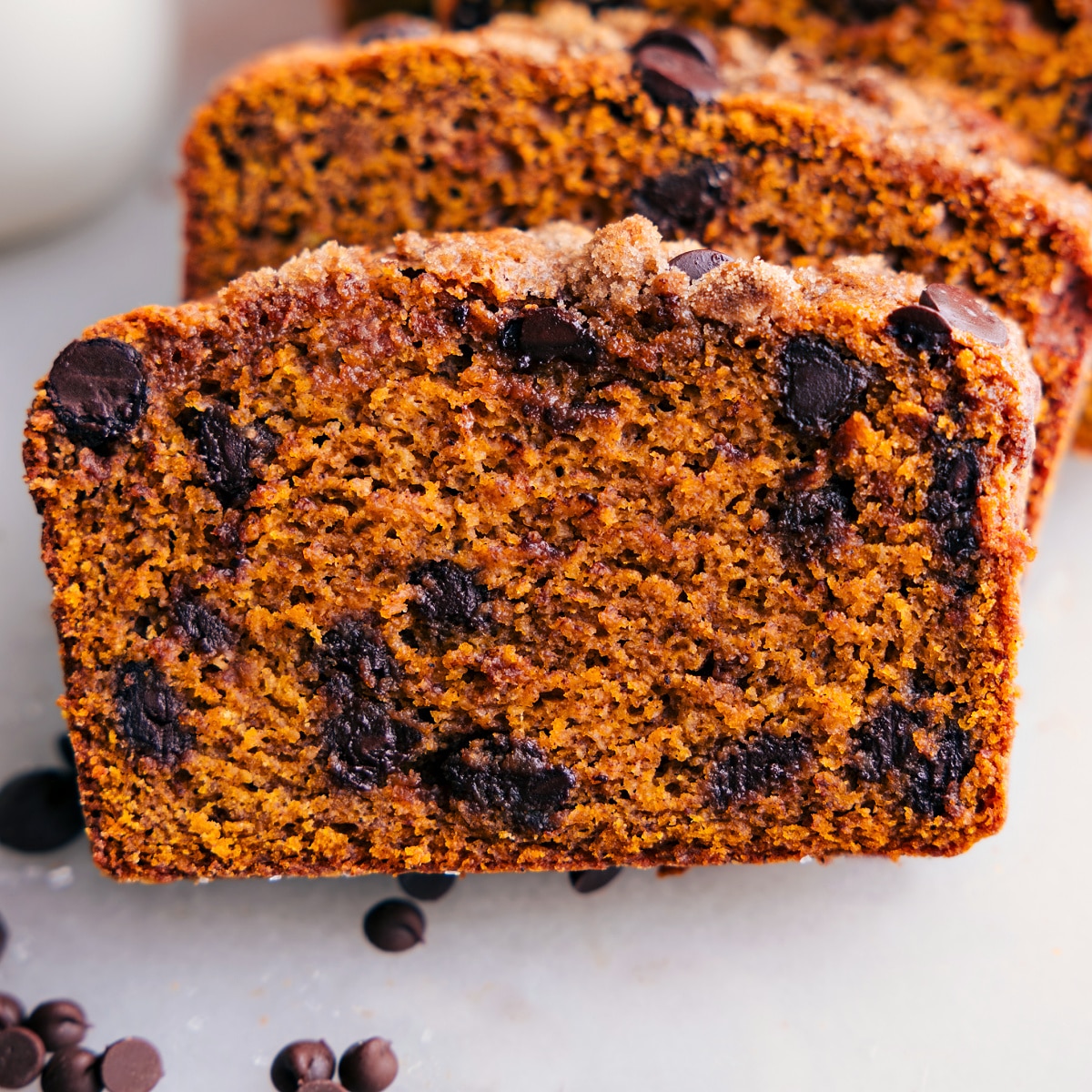 Delicious moist pumpkin bread, with chocolate chips throughout.