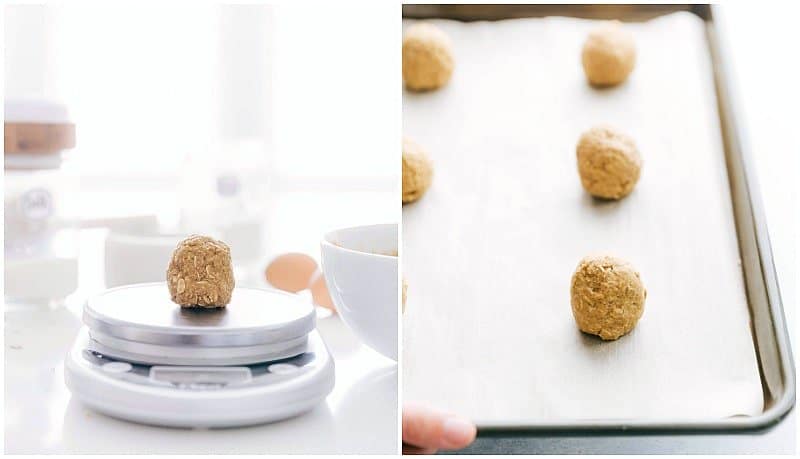 Process shot of making oatmeal cookies -- adding flour and mixing. at this point you can make oatmeal raisin cookies or oatmeal chocolate chip cookies or leave them plain. Photos show dough balls being weighed and then placed on a tray to bake