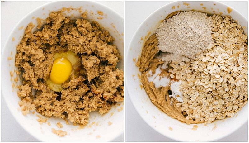 Process shot of making Oatmeal Cookies: on the left the wet ingredients are finished and then the dry ingredients added on top