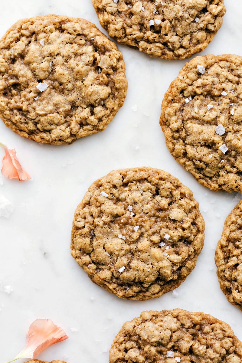 Overhead photo of 6 oatmeal cookies. This oatmeal cookie recipe is the best!