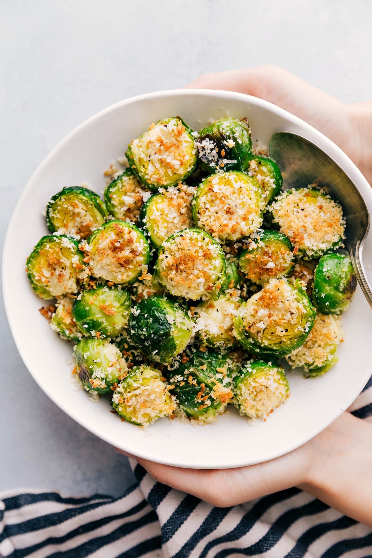 Bowl of Crispy Roasted Brussels Sprouts from Above