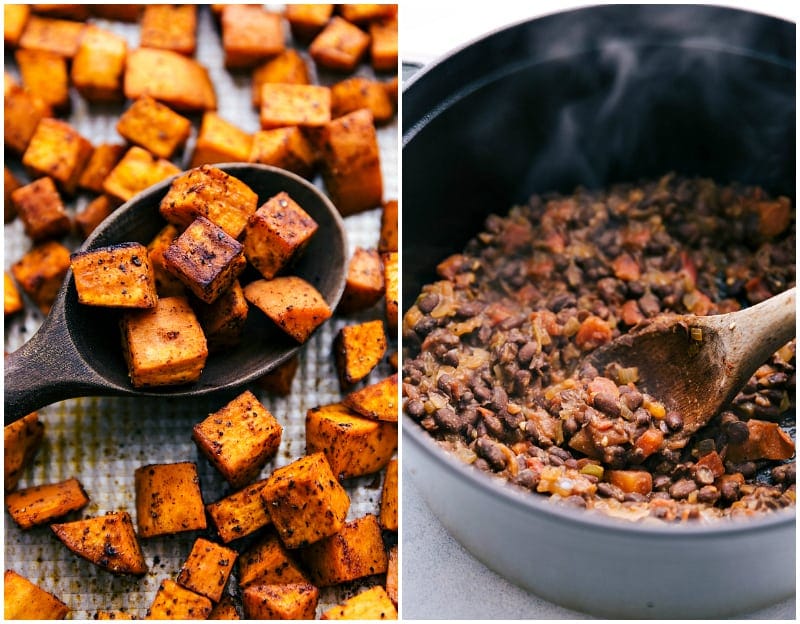 Roasting sweet potatoes for Vegetarian Tacos