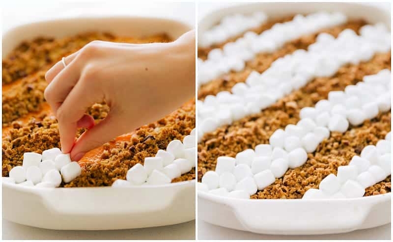 Adding marshmallows to the Sweet Potato Casserole