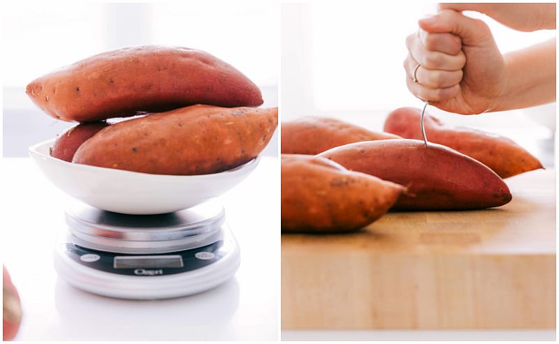 Preparing to bake sweet potatoes