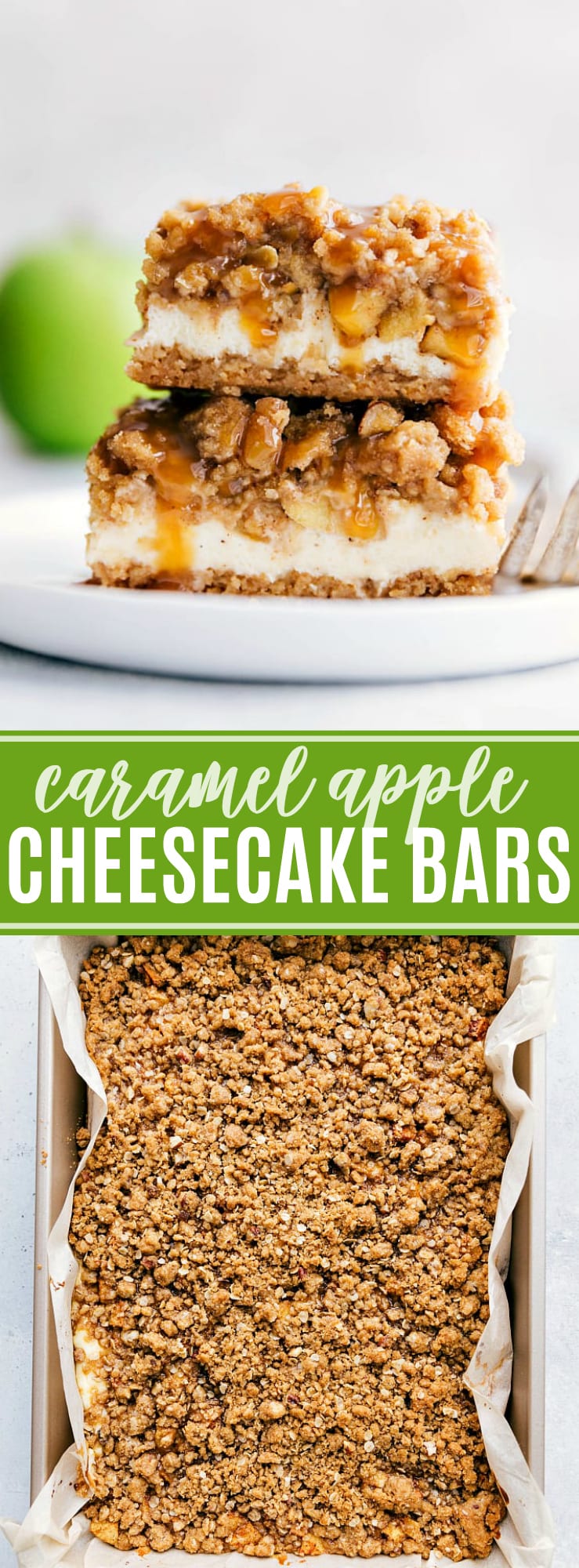 The ultimate BEST EVER caramel apple cheesecake bars with a streusel topping! The most AMAZING Fall dessert! via chelseasmessyapron.com #apple #cheesecake #bar #bars #fall #shower #bridal #baby #dessert #easy #caramel #caramelapple #sweet #streusel #dessesrts