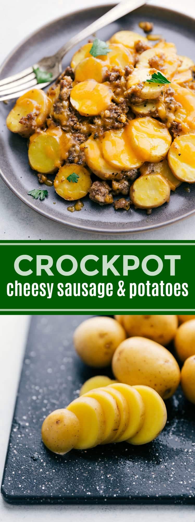 TSimple and delicious comfort food: crockpot cheesy potatoes and sausage! The potatoes and sausage are cooked in the crockpot until tender and flavorful and then covered in plenty of cheese via chelseasmessyapron.com #crockpot #slowcooker #cheese #cheesy #potatoes #sausage #easy #kidfriendly