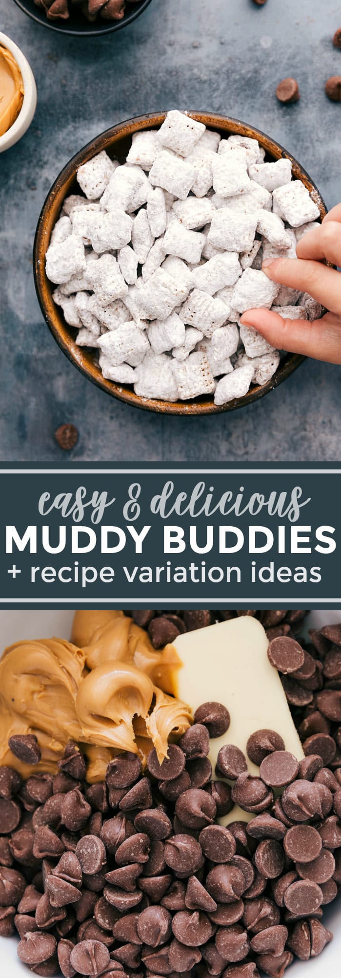 These Muddy Buddies (also known as Puppy Chow) are the best easy treat! No baking required and only 7 ingredients required! Plus variation ideas! via chelseasmessyapron.com #puppy #chow #muddy #buddies #recipe #easy #quickly #no #bake #recipe #dessert #kidfriendly #party #snack