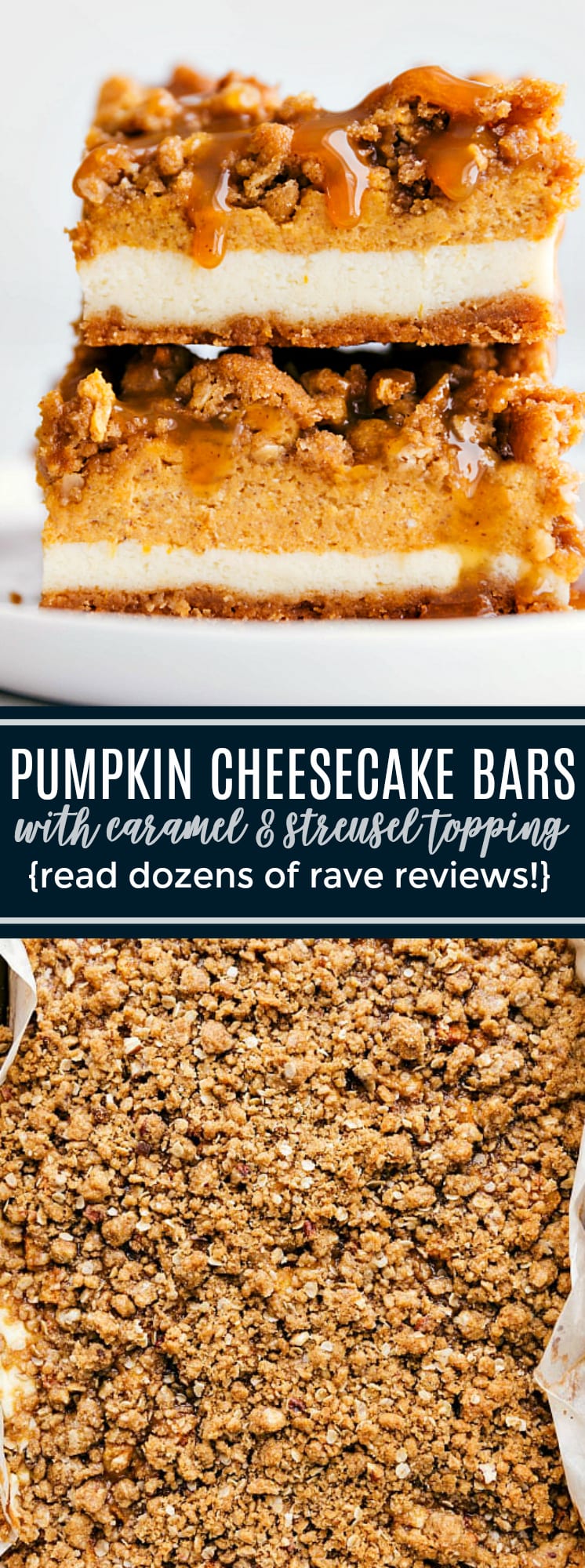 The BEST pumpkin cheesecake -- a delicious cinnamon graham cracker crust with two layers of cheesecake topped with an easy streusel and caramel sauce. These famous pumpkin cheesecake bars are sure to be a smash hit wherever you serve them -- just read the dozens of rave reviews! via chelseasmessyapron.com #pumpkin #cheesecake #bars #streusel #best #thanksgiving #dessert #easy #caramel #layered