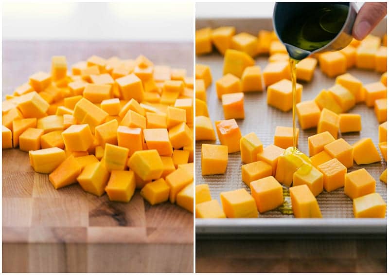 Squash being chopped and coated in olive oil.