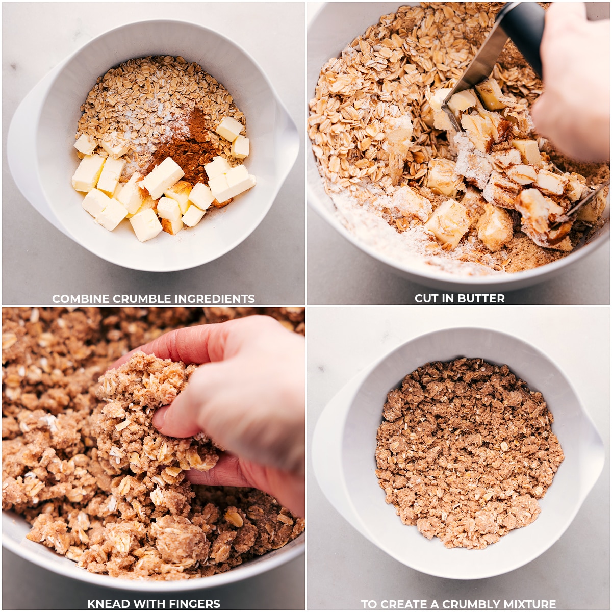 Preparing the crumble topping used in the recipe for cherry crisp in a mixing bowl.