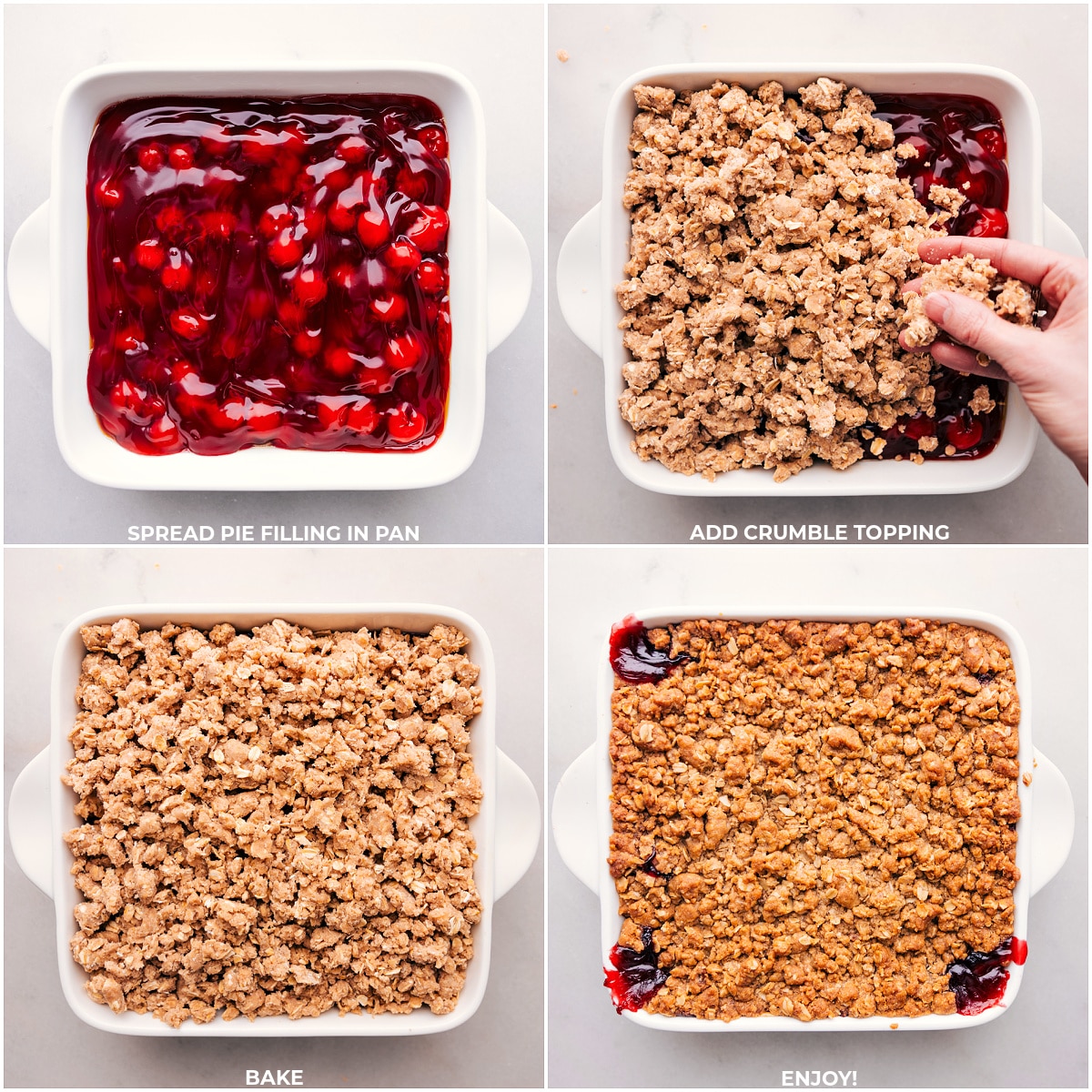 Layering the cherry crisp: starting with cherries and topping with a delectable crumble mixture.
