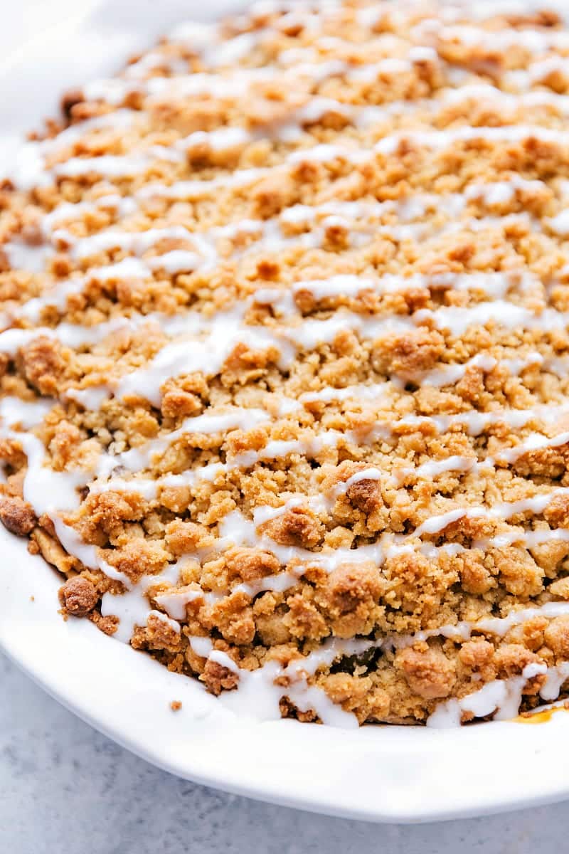 Up close image of the top of the tasty cinnamon roll apple pie