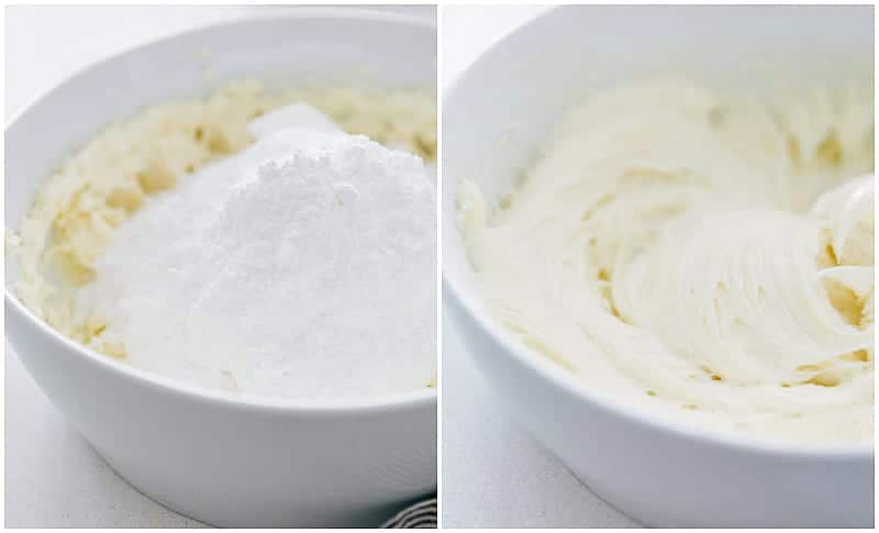 Process shots of making easy cream cheese frosting