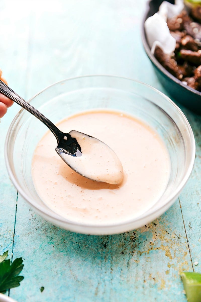 Overhead view of the sriracha-lime dipping sauce