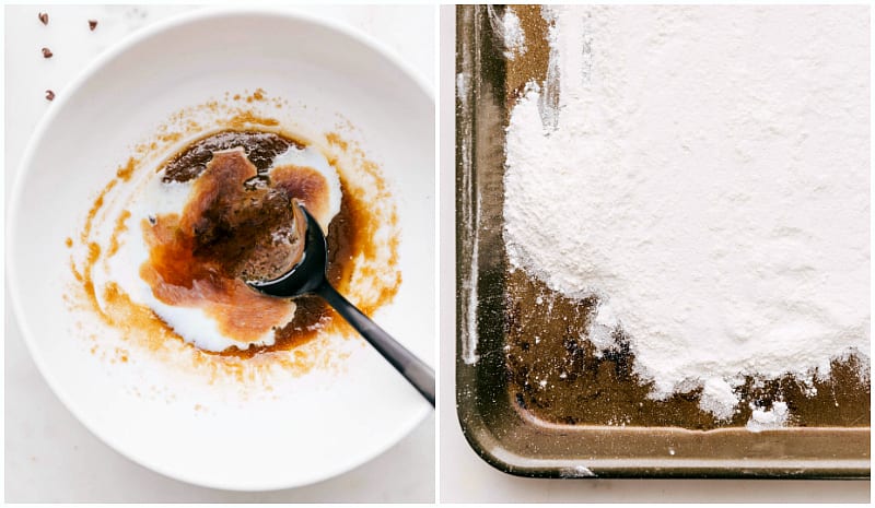 Two-part process showing milk and vanilla being stirred into a creamy butter-sugar base, and flour spread on a baking sheet for heat treatment, ensuring safe-to-eat dough.