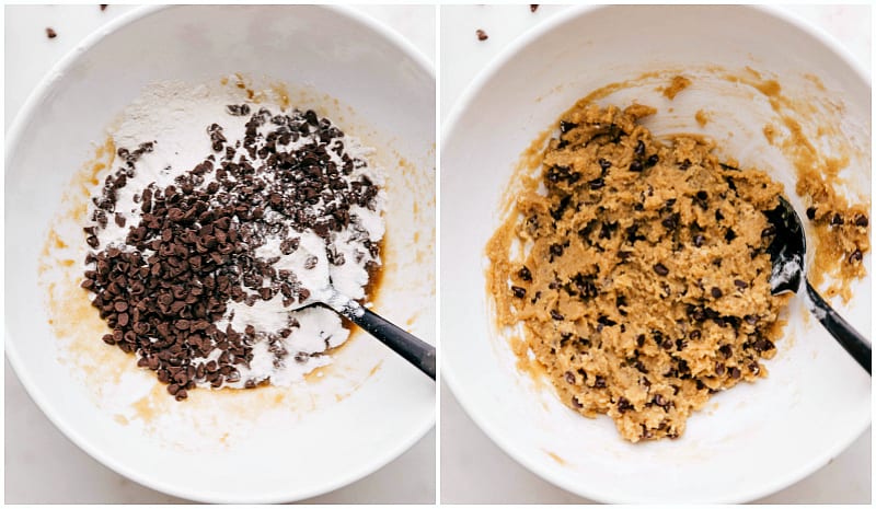 Combining heat-treated, cooled flour and chocolate chips with the wet mixture, being thoroughly mixed to create a uniform treat.