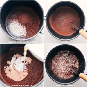 The process of adding ingredients for the homemade hot chocolate to a pot and whisking until a smooth mixture is achieved.