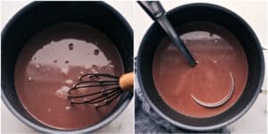 Hot chocolate in a pan, warming up, being whisked, and ready for serving.