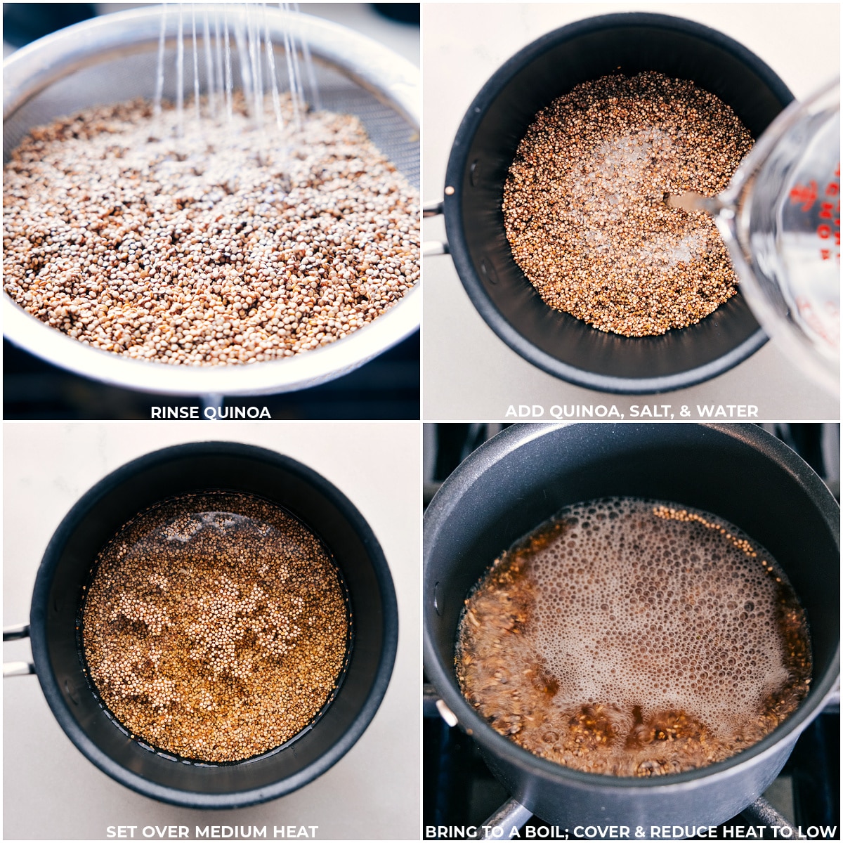 The grain being rinsed and cooked in water and salt.
