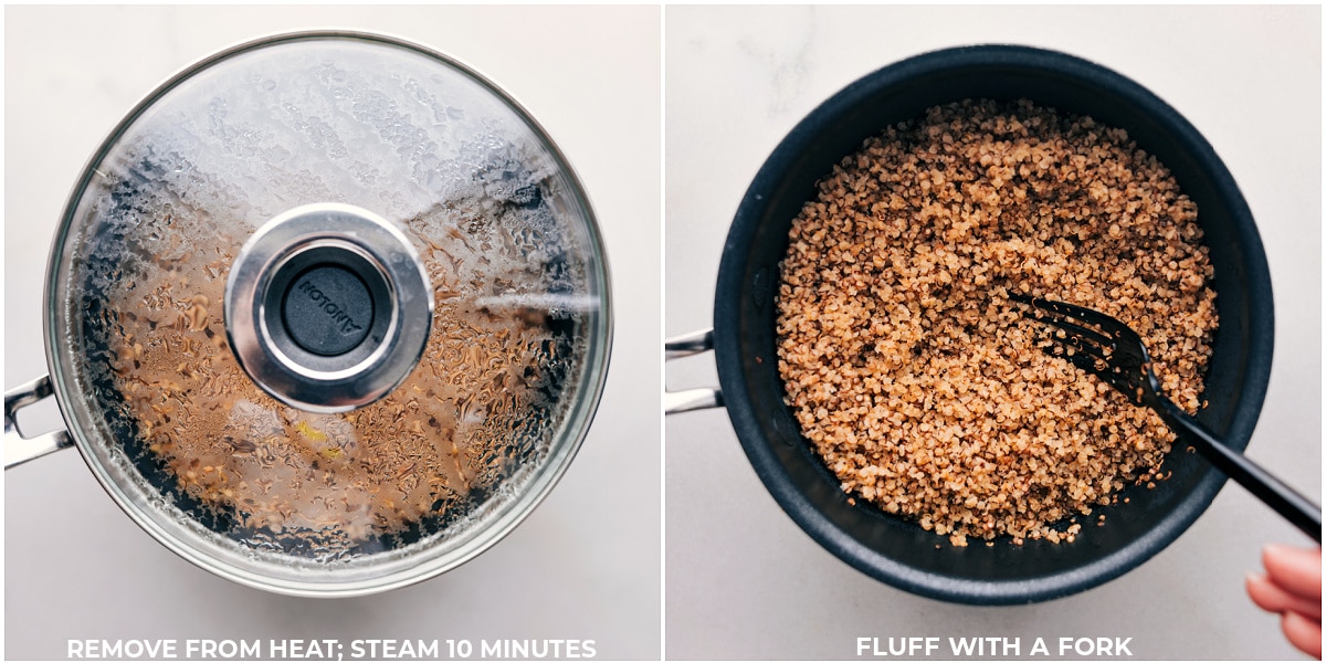 Guide on how to cook quinoa showing the quinoa being fluffed with a fork after being cooked.