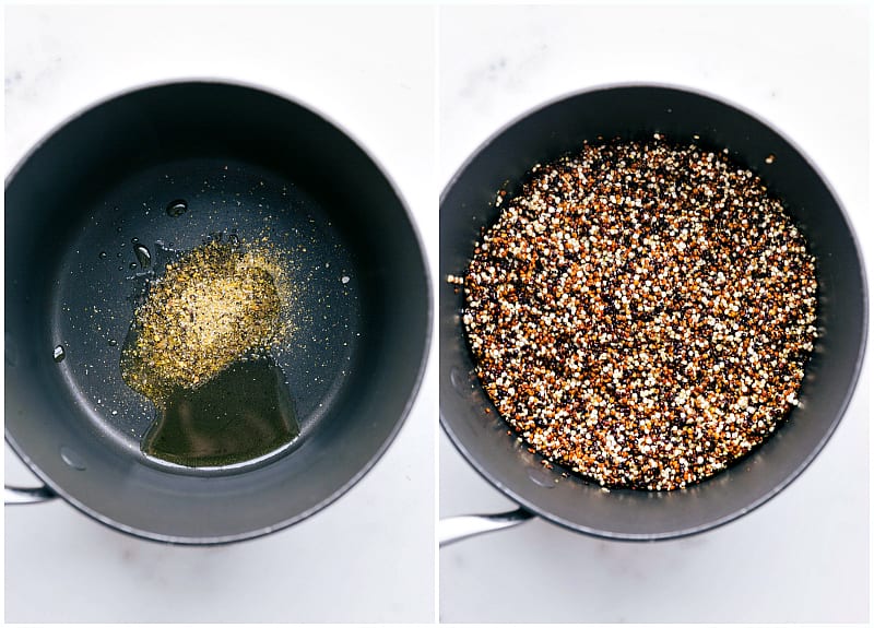 Oil, seasonings, and quinoa in a pot