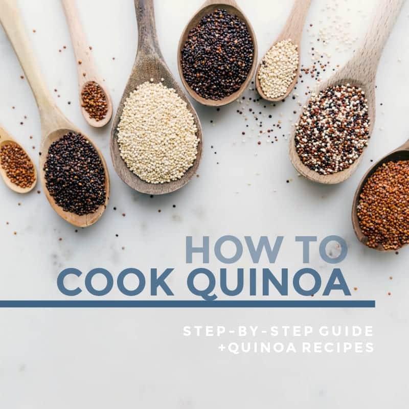 Wooden spoons filled with different varieties of quinoa with text "How To Cook Quinoa : step-by-step guide + quinoa recipes"