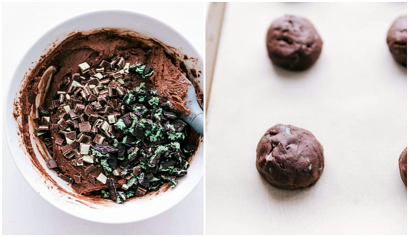 Process shots of making the cookies ; Oreos added and cookie balls being rolled