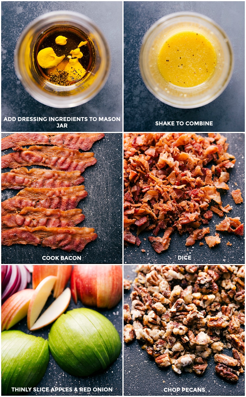 Process shots-- images of the dressing being made, bacon being chopped, apples being sliced, and pecans being chopped.