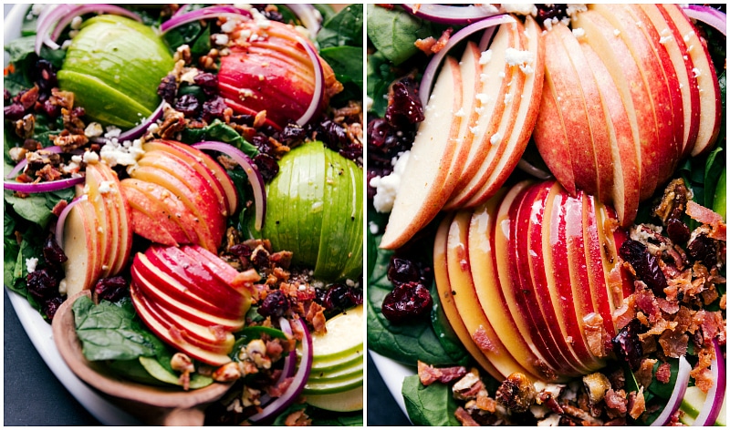 Overhead image of Spinach Salad, showing the apples and other components.