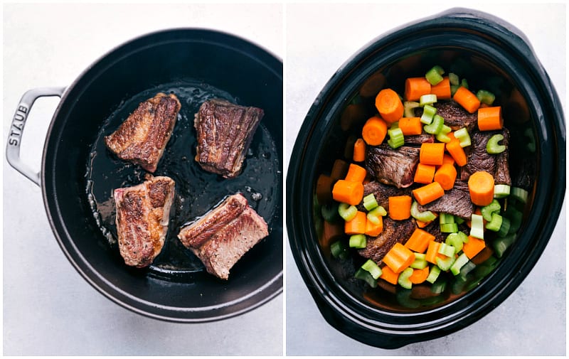 Process shots: Browning the beef short ribs; adding in vegetables.